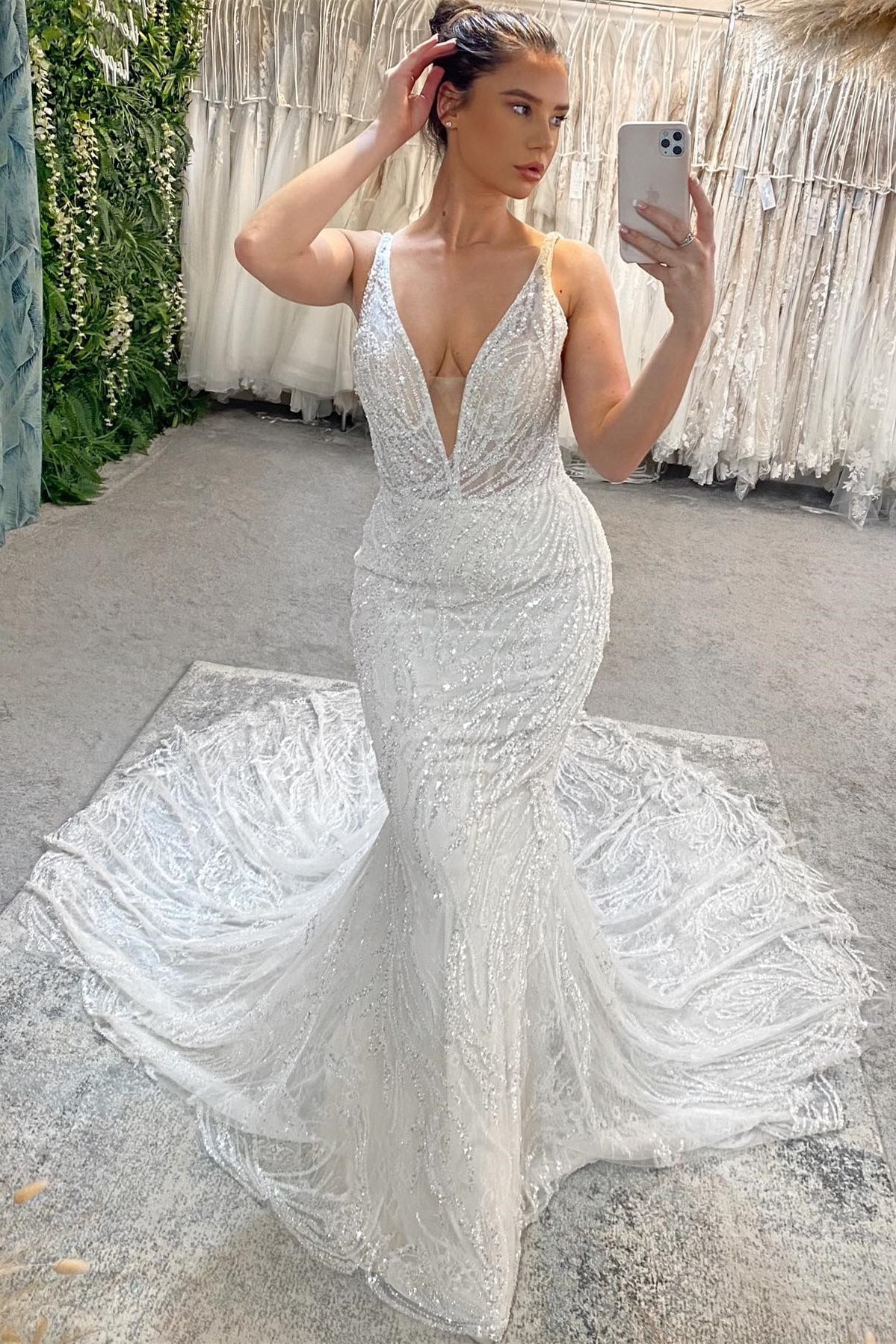 Gorgeous Long Mermaid Wedding Gown With Beaded V Neck Sleeveless Lace Backless