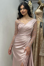 Beautiful Long Pink Mermaid Glitter Lace Split Front Prom Dresses with Long Sleeves