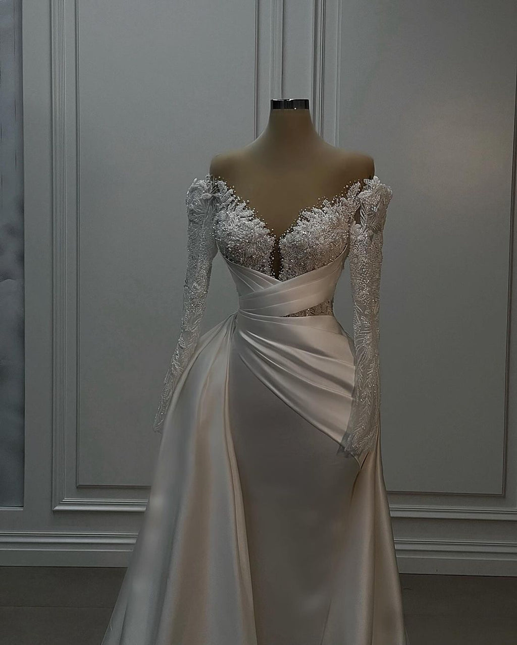 Elegant White Lace Satin A Line Wedding Dress With Long Sleeves