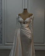 Elegant White Lace Satin A Line Wedding Dress With Long Sleeves