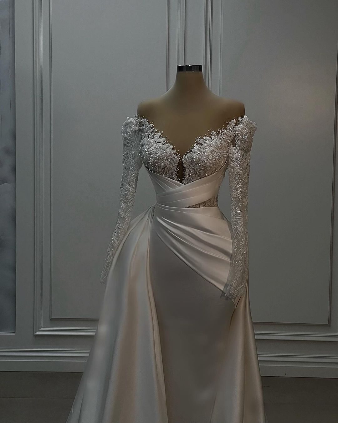 Elegant White Lace Satin A Line Wedding Dress With Long Sleeves