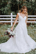 Beautiful A-line Lace Tulle V-neck Forest Wedding Dress