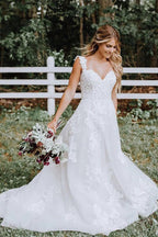 Beautiful A-line Lace Tulle V-neck Forest Wedding Dress