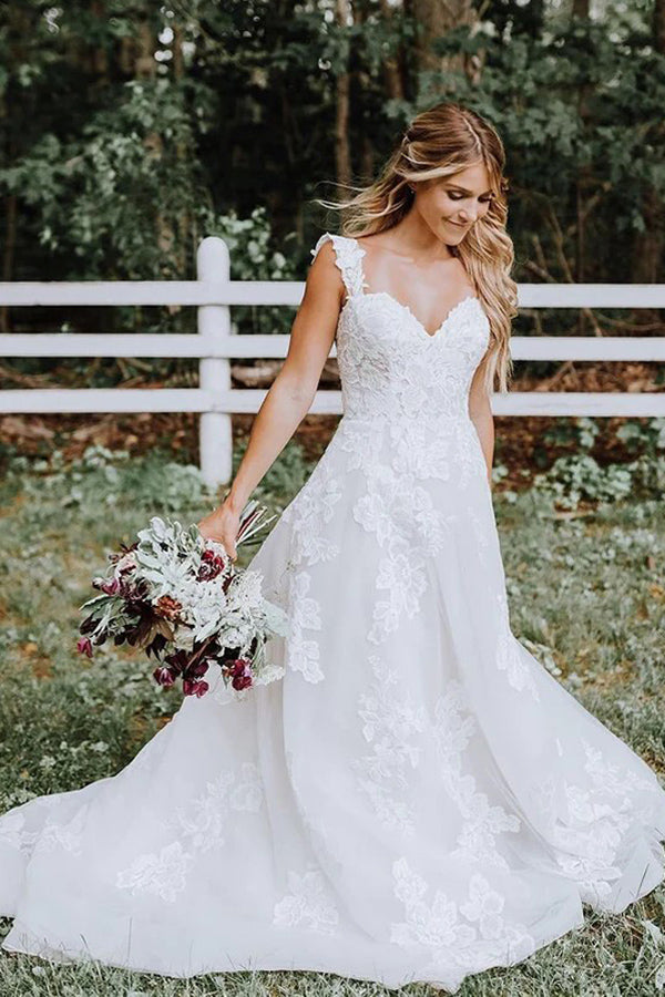 Beautiful A-line Lace Tulle V-neck Forest Wedding Dress