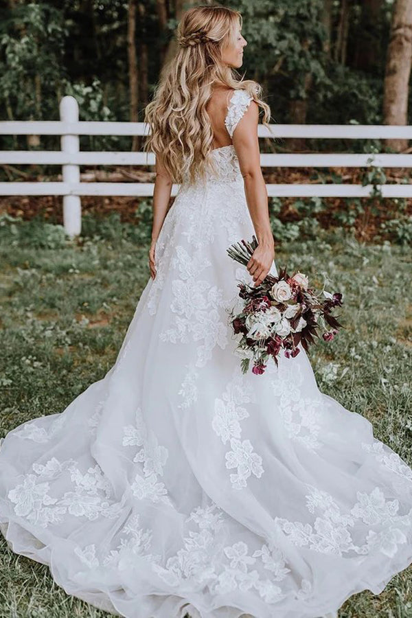 Beautiful A-line Lace Tulle V-neck Forest Wedding Dress