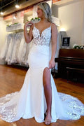 Beautiful Mermaid Satin Lace Wedding Dresses Bridal Gown With Side Slit