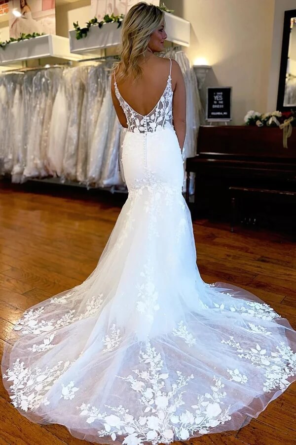Beautiful Mermaid Satin Lace Wedding Dresses Bridal Gown With Side Slit