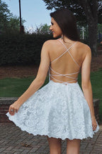 Beautiful White Lace A-line Spaghetti Straps Backless Homecoming Dresses