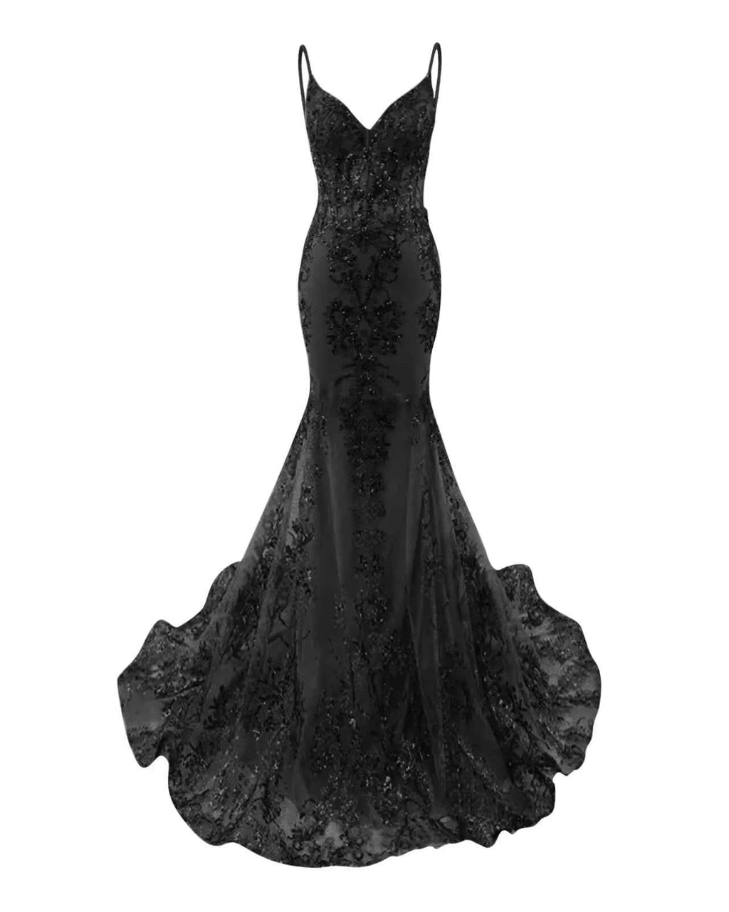 Trumpet Mermaid Long Prom Dress Spaghetti Straps Sparkly Sequin Lace Applique