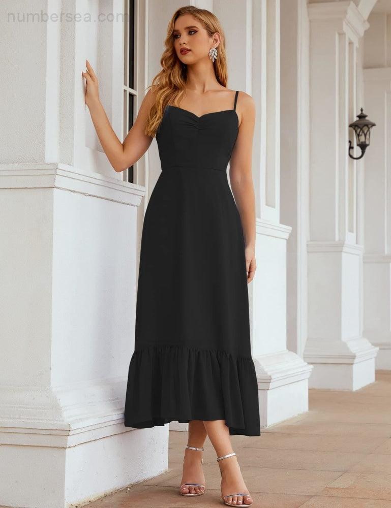 Numbersea Vestido de Dama de Honra em Chiffon com Alças Finas, Comprimento ao Tornozelo, Formal, Corte em A, para Cocktail e Festa de Regresso a Casa para Jovens SEA28028