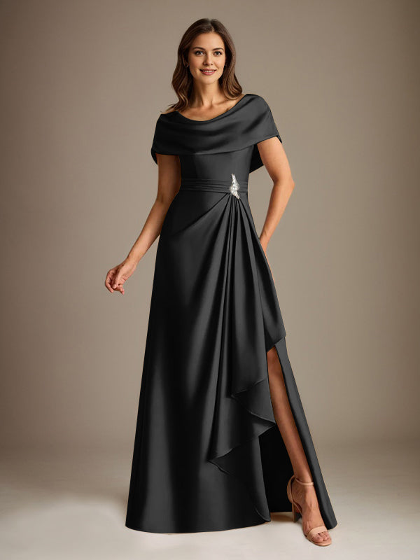A-Line Scoop Floor-Length Stretch Satin Mother of the Bride Dress With Cascading Ruffles