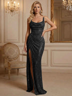Silver Sequin Cowl Neck Ruched Long Prom Dress With High Slit