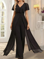 Tuta elegante da sera in chiffon, scollo a V, lunghezza fino al pavimento