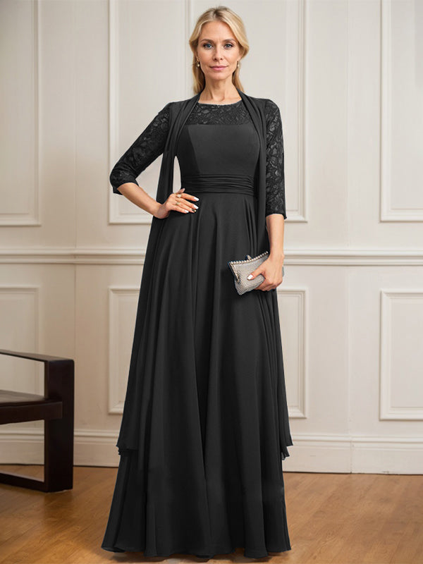 A-line Scoop Illusion Floor-Length Lace Chiffon Mother of the Bride Dress With Pleated