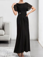 A-line Scoop Ankle-Length Chiffon Mother of the Bride Dress With Beading Pleated