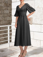 A-line V-Neck Tea-Length Lace Chiffon Mother of the Bride Dress With Pleated