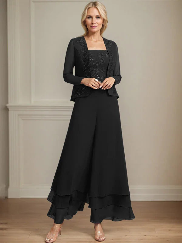 Getrennter Overall/Hosenanzug mit quadratischem Ausschnitt, knöchellang, aus Spitzenchiffon, Brautmutterkleid mit Pailletten