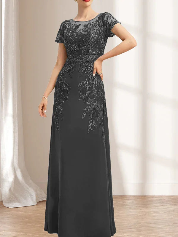 Vestido de madrina de novia con ilusión, corte columna y fajín, largo hasta el suelo, de encaje y gasa con lentejuelas