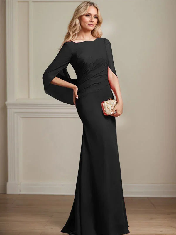 Vestido de madrina de novia de gasa con cuello barco estilo trompeta/cola de sirena y largo hasta el suelo con pliegues