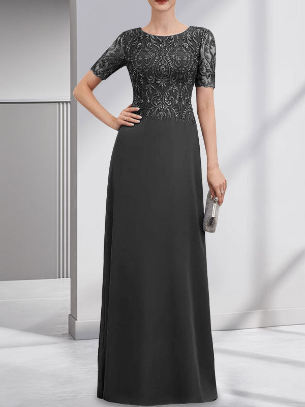 A-line Scoop Floor-Length Lace Chiffon Mother of the Bride Dress With Sequins