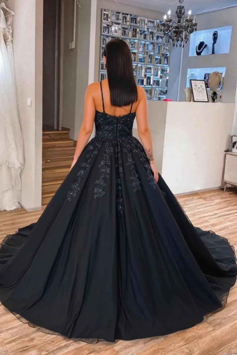 Black Ball Gown Wedding Dress Spaghetti Straps Deep V Neck Sheer Lace Beaded Corset Floral Applique Tulle Gothic Bridal 