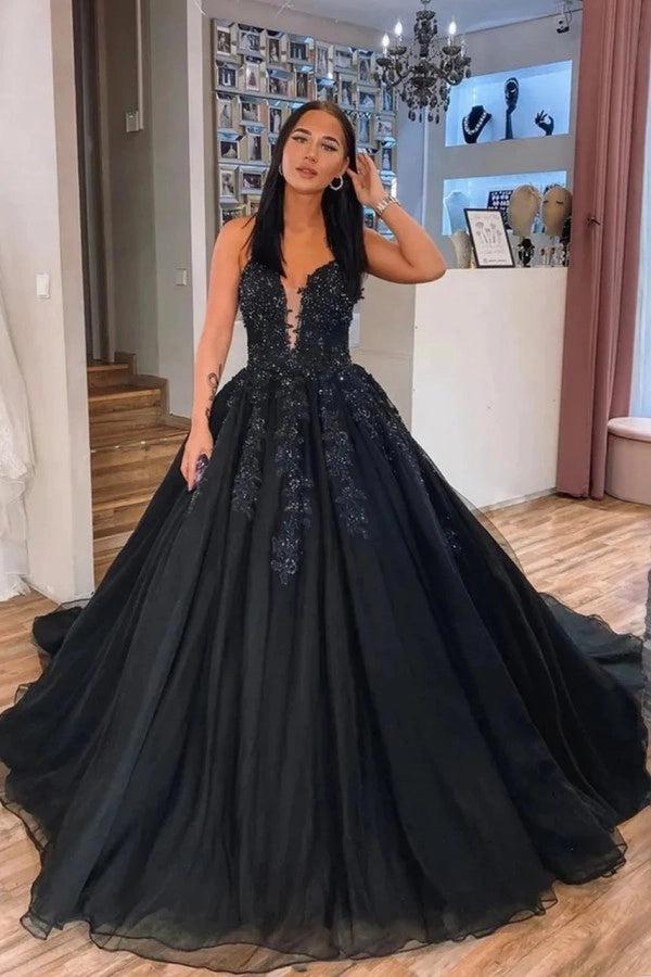 Black Ball Gown Wedding Dress Spaghetti Straps Deep V Neck Sheer Lace Beaded Corset Floral Applique Tulle Gothic Bridal 