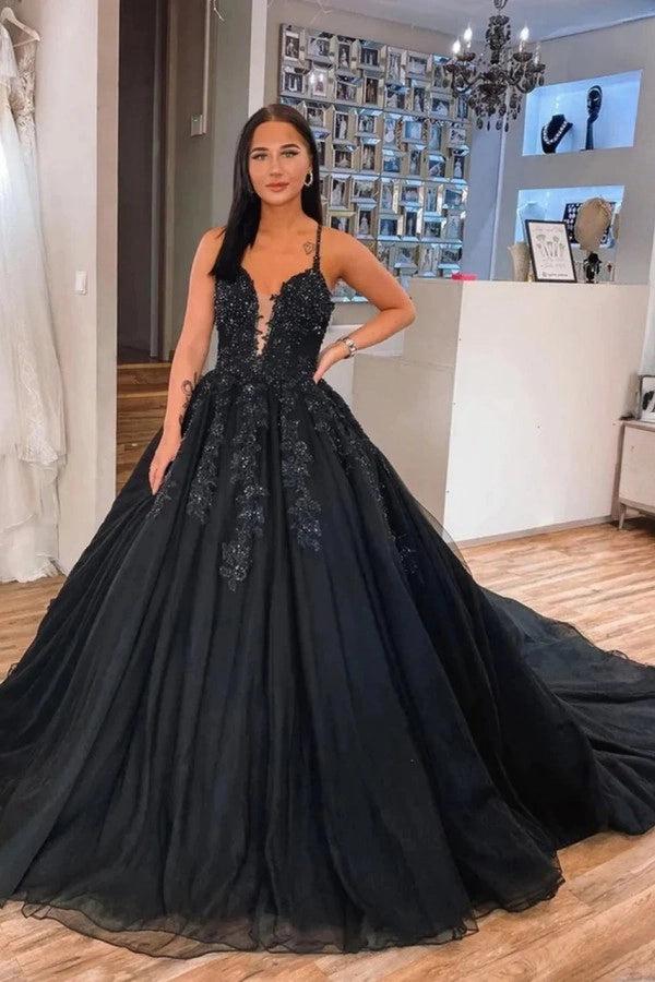 Black Ball Gown Wedding Dress Spaghetti Straps Deep V Neck Sheer Lace Beaded Corset Floral Applique Tulle Gothic Bridal 
