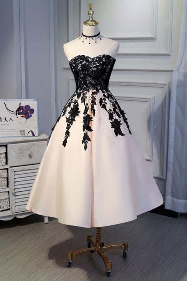 Black Lace A-line Satin Sweetheart Homecoming Dresses, Short Prom Dress