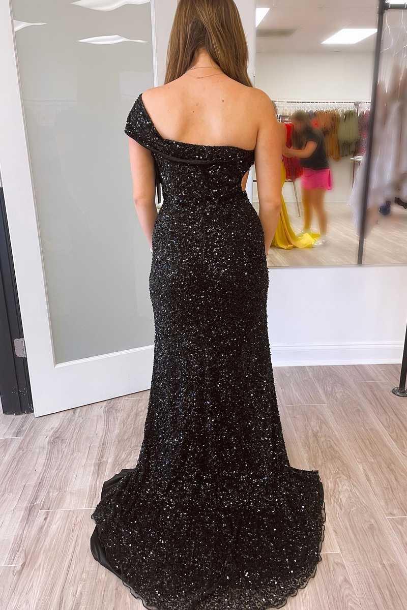 Black One Shoulder Cap Sleeve Sequined Long Party Dress SYP93