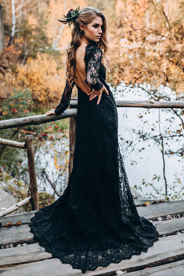 Black Sweetheart Long Sleeves Lace Backless Wedding Dresses