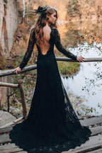 Black Sweetheart Long Sleeves Lace Backless Wedding Dresses