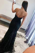Robe de bal longue à décolleté en cœur avec fente, ornée d'appliques en dentelle sirène en tulle