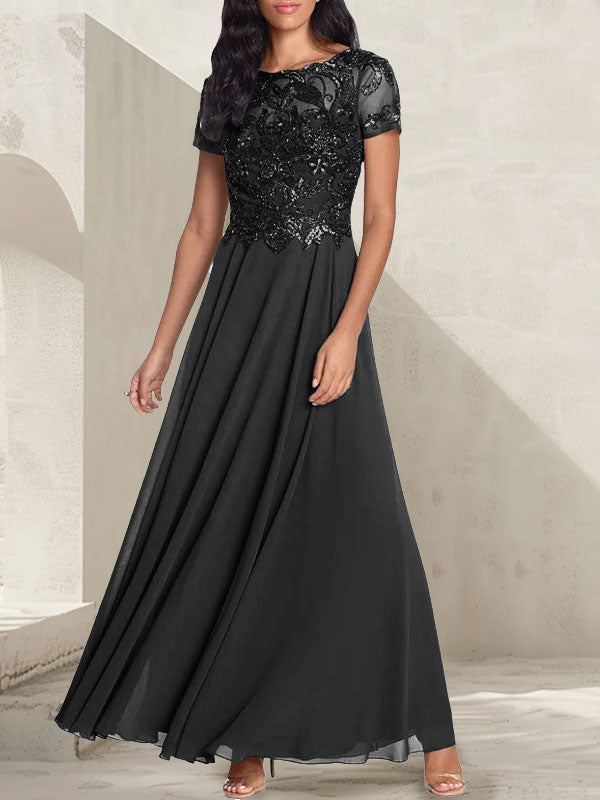 Charcoal Grey A-Line Scoop Long Mother of the Bride Dress With Beadings