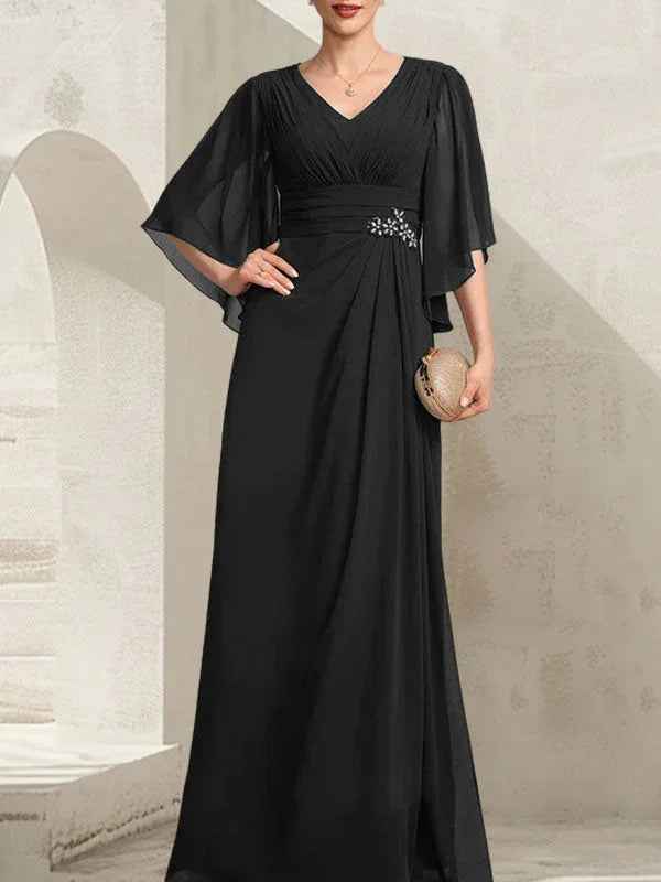 Vestido de madrina de novia de gasa largo hasta el suelo, corte columna y escote en V, con lentejuelas plisadas y abalorios