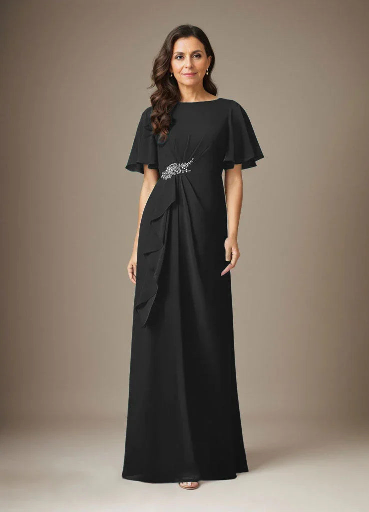 Abito a guaina blu scuro in chiffon con perline