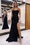 Vestido largo de escote cuadrado azul real con lentejuelas
