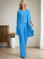 Tuta Separata/Completo Pantaloni Scollo a U Lunghezza Pavimento Chiffon Pizzo Abito Madre della Sposa con Perline e Paillettes