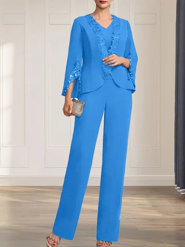 Getrennte Overall/Hosenanzug V-Ausschnitt bodenlanger Chiffon Brautmutterkleid