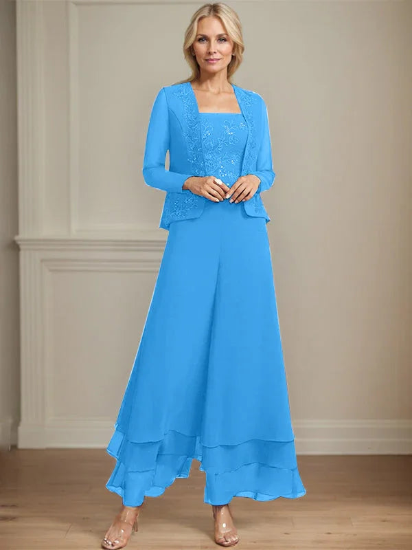 Getrennter Overall/Hosenanzug mit quadratischem Ausschnitt, knöchellang, aus Spitzenchiffon, Brautmutterkleid mit Pailletten