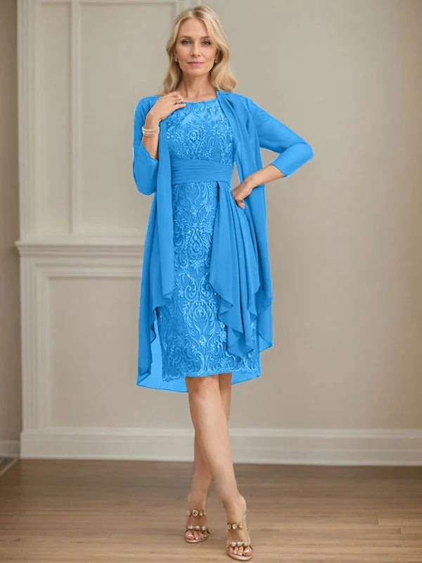 Etui/Säulenförmiges Kleid mit Illusion, knielang, aus Spitze und Chiffon, Brautmutterkleid mit herabfließenden Rüschen und Pailletten