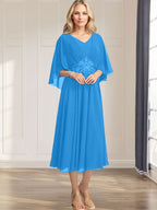 A-line V-Neck Tea-Length Chiffon Mother of the Bride Dress With Pleated Sequins Appliques Lace Beadind