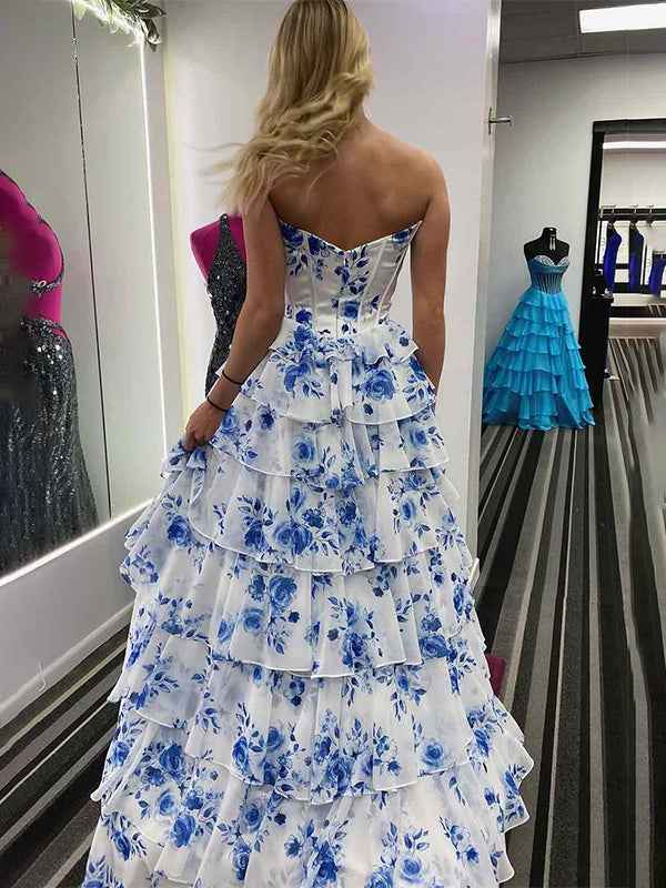 Blue A Line Strapless Floral Print Long Prom Dress With Tiered Ruffles
