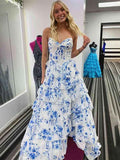 Blue A Line Strapless Floral Print Long Prom Dress With Tiered Ruffles