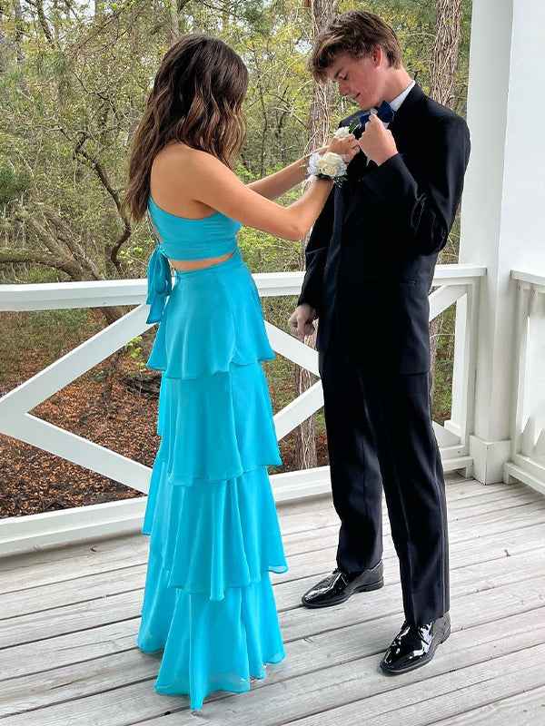 Turquoise A Line V Neck Tiered Long Prom Dress With Cutout