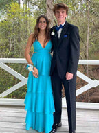 Turquoise A Line V Neck Tiered Long Prom Dress With Cutout