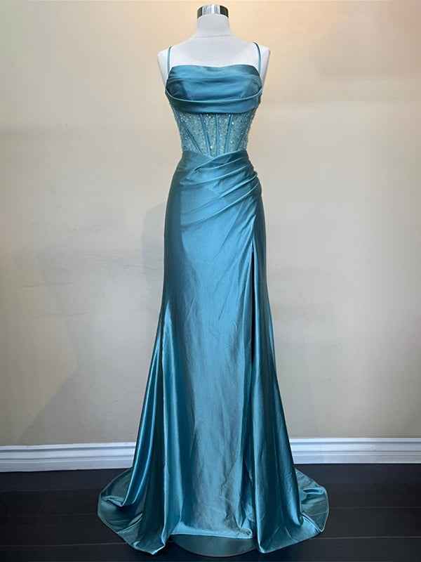 Yellow Satin Mermaid Prom Dress With Scoop Neck Beading Slit