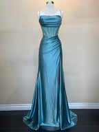 Yellow Satin Mermaid Prom Dress With Scoop Neck Beading Slit