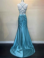 Yellow Satin Mermaid Prom Dress With Scoop Neck Beading Slit