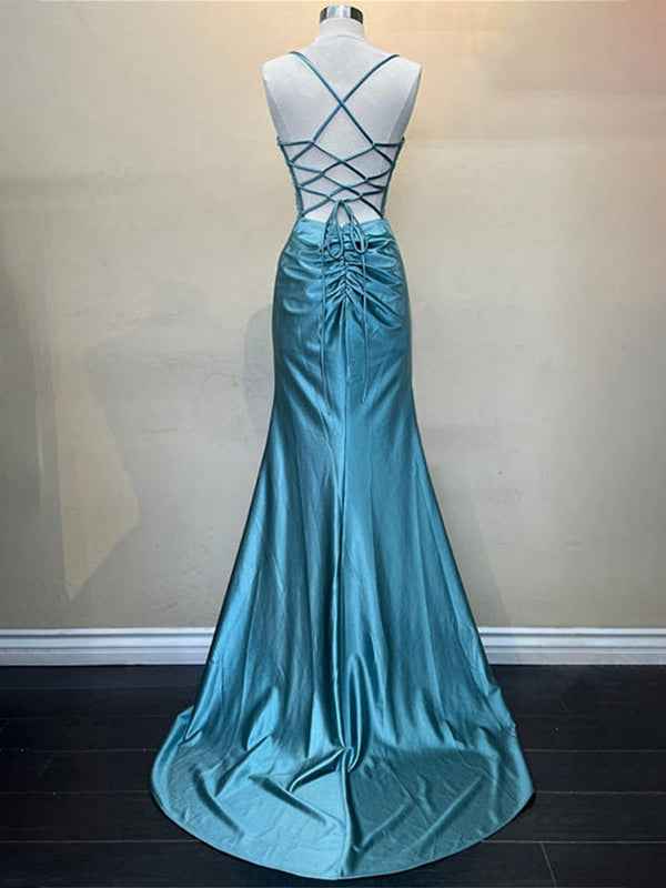 Yellow Satin Mermaid Prom Dress With Scoop Neck Beading Slit