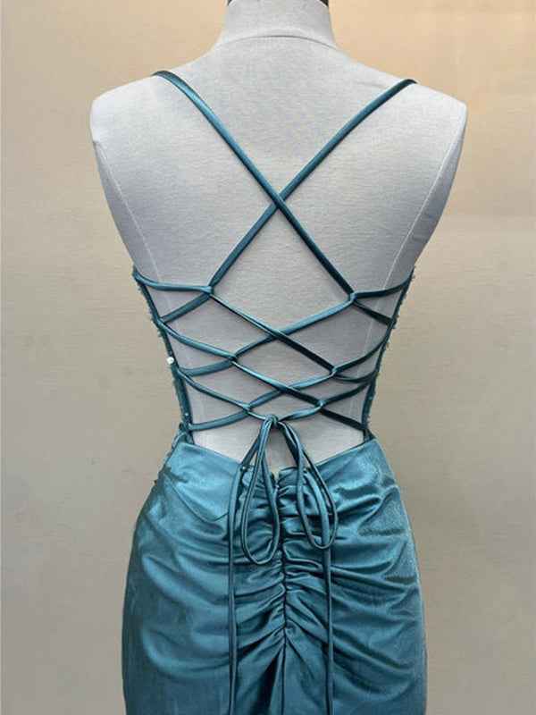Yellow Satin Mermaid Prom Dress With Scoop Neck Beading Slit